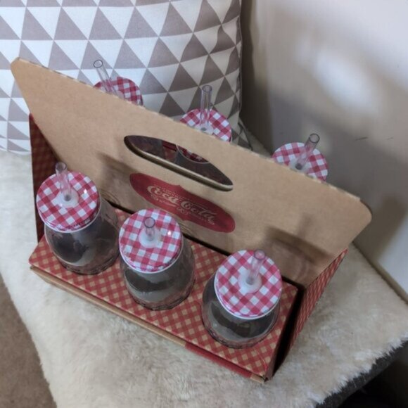 NWT/NIB Coca Cola Retro Dinner 50s Milk Bottle Style Straw Drinking 6 Piece Set - Picture 3 of 5